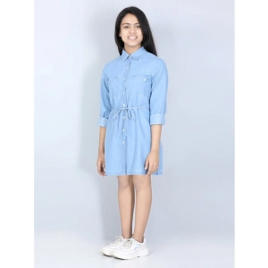 Generic Girl's Denim Solid Long Sleeve Shirt collar Dress (Blue)