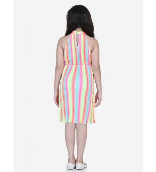 Girl's Polyester Crepe Striped Sleeveless Round Neck Dress (Multicolor)