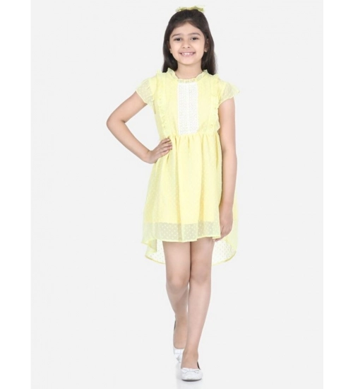 Girl's Polyester Solid Short Sleeve Round Neck Dress (Lemon Yellow)