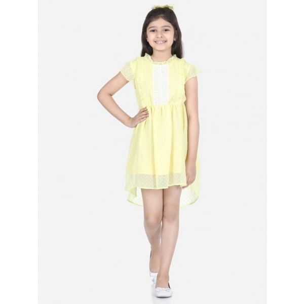 Dropship Girl's Polyester Solid Short Sleeve Round Neck Dress (Lemon Yellow)