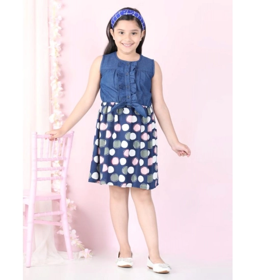 Girl's Denim  Rayon Printed Sleeveless Round Neck Dress (Blue)