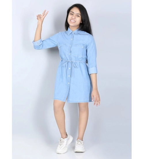 Girl's Denim Solid Long Sleeve Shirt collar Dress (Blue)