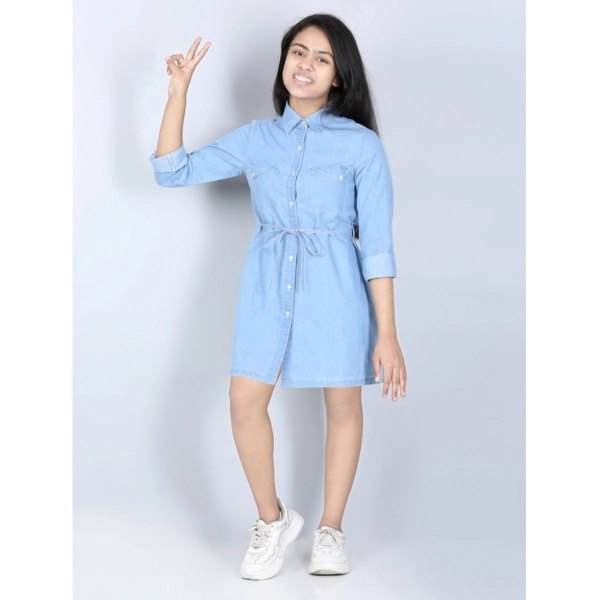 Dropship Girl's Denim Solid Long Sleeve Shirt collar Dress (Blue)