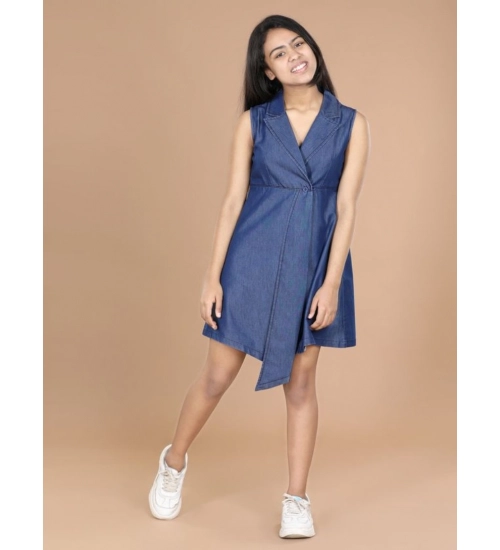 Girl's Denim Solid Sleeveless Shirt collar Dress (Blue)