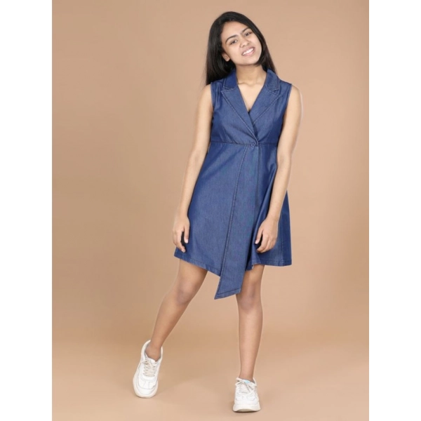 Dropship Girl's Denim Solid Sleeveless Shirt collar Dress (Blue)
