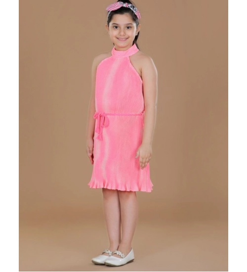 Girl's Polyester Crepe Printed Sleeveless Round Neck Dress (Pink)