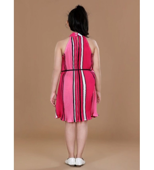 Girl's Polyester Crepe Printed Sleeveless Round Neck Dress (Pink)