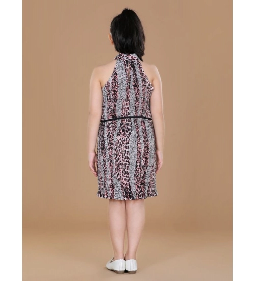 Girl's Polyester Crepe Printed Sleeveless Round Neck Dress (Black-Pink)