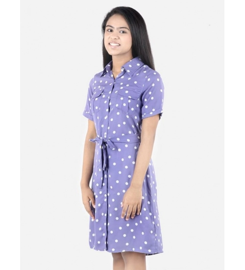 Girl's Polyester Printed Short Sleeve Shirt collar Dress (Lavender)