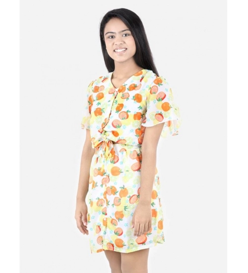 Girl's Polyester Printed Short Sleeve V-Neck Dress (Yellow-Orange)