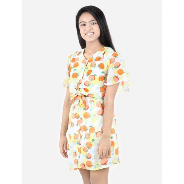 Dropship Girl's Polyester Printed Short Sleeve V-Neck Dress (Yellow-Orange)