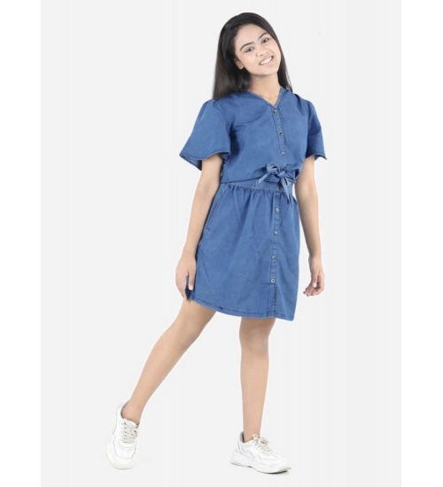 Girl's Denim Solid Short Sleeve V-Neck Dress (Blue)