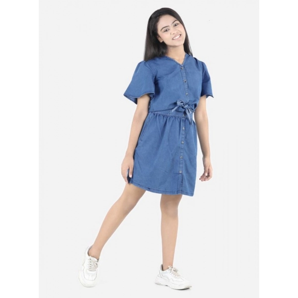 Dropship Girl's Denim Solid Short Sleeve V-Neck Dress (Blue)