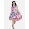 Dropship Girl's Polyester Crepe  Net Printed Sleeveless Round Neck Dress (Pink-Blue)