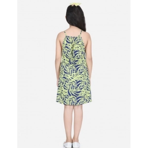Generic Girl's Polyester Floral Printed Short Sleeve Round Neck Dress (Blue-Yellow)