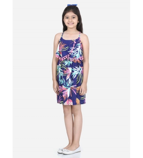 Girl's Rayon Printed Sleeveless Round Neck Dress (Blue)