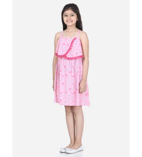 Girl's Rayon Printed Sleeveless Round Neck Dress (Pink)