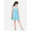 Dropship Girl's Polyester Dobby Floral Printed Sleeveless Round Neck Dress (Blue)