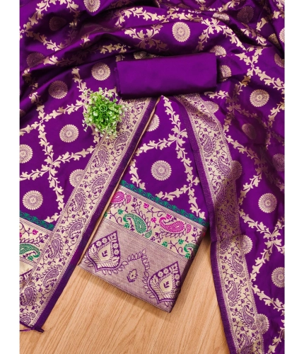 Women's Banarasi Silk Printed Unstitched Salwar Suit Material With Dupatta (Purple, 3Mtrs)