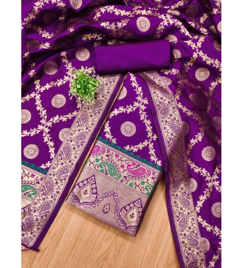 Women's Banarasi Silk Printed Unstitched Salwar Suit Material With Dupatta (Purple, 3Mtrs)