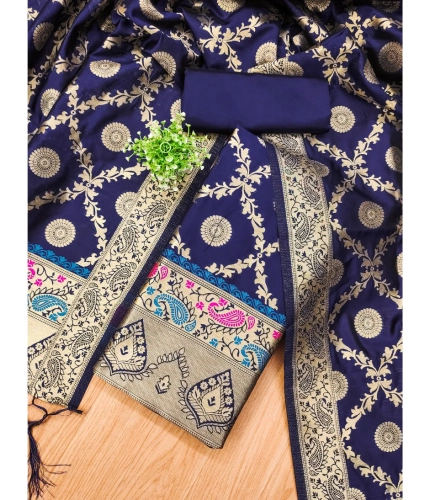 Women's Banarasi Silk Printed Unstitched Salwar Suit Material With Dupatta (Navy Blue, 3Mtrs)