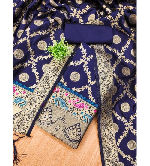Women's Banarasi Silk Printed Unstitched Salwar Suit Material With Dupatta (Navy Blue, 3Mtrs)
