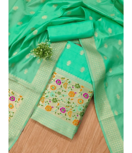 Women's Banarasi Silk Printed Unstitched Salwar Suit Material With Dupatta (Sea Green, 3Mtrs)
