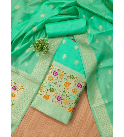 Women's Banarasi Silk Printed Unstitched Salwar Suit Material With Dupatta (Sea Green, 3Mtrs)