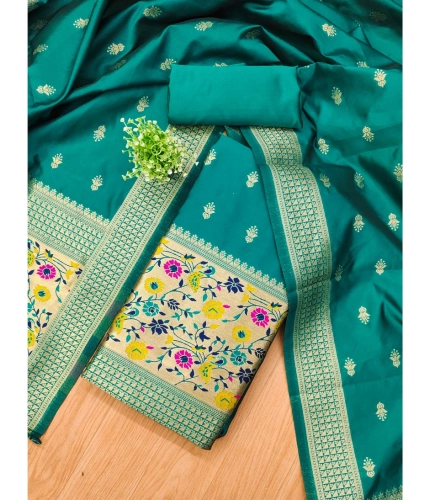 Women's Banarasi Silk Printed Unstitched Salwar Suit Material With Dupatta (Rama, 3Mtrs)