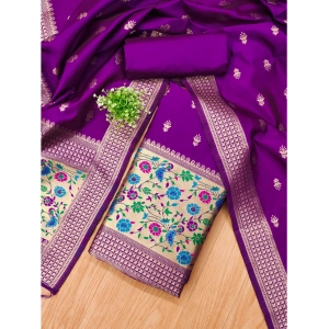 Generic Women's Banarasi Silk Printed Unstitched Salwar Suit Material With Dupatta (Purple, 3Mtrs)