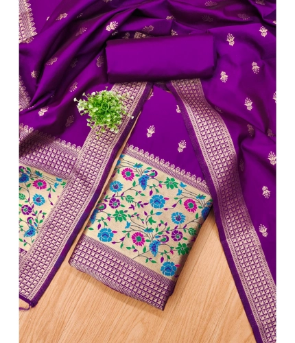 Women's Banarasi Silk Printed Unstitched Salwar Suit Material With Dupatta (Purple, 3Mtrs)