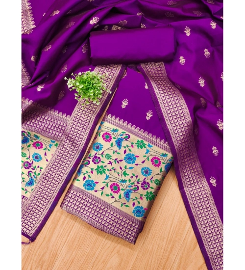 Women's Banarasi Silk Printed Unstitched Salwar Suit Material With Dupatta (Purple, 3Mtrs)