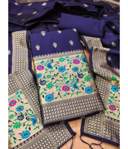Women's Banarasi Silk Printed Unstitched Salwar Suit Material With Dupatta (Navy Blue, 3Mtrs)