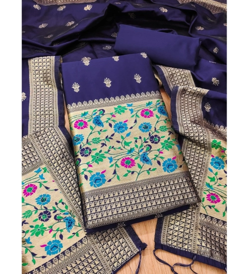 Women's Banarasi Silk Printed Unstitched Salwar Suit Material With Dupatta (Navy Blue, 3Mtrs)