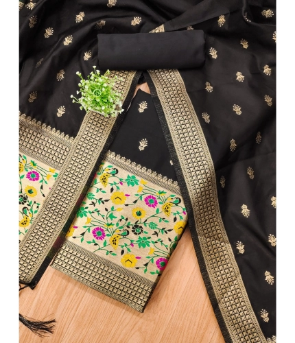 Women's Banarasi Silk Printed Unstitched Salwar Suit Material With Dupatta (Black, 3Mtrs)