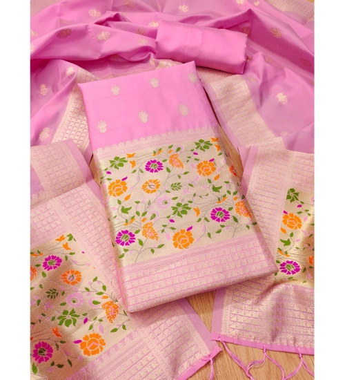 Women's Banarasi Silk Printed Unstitched Salwar Suit Material With Dupatta (Light Pink, 3Mtrs)