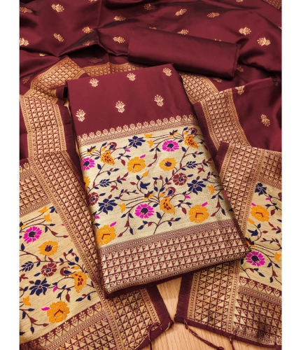 Women's Banarasi Silk Printed Unstitched Salwar Suit Material With Dupatta (Maroon, 3Mtrs)