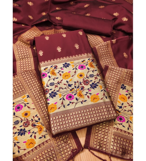 Women's Banarasi Silk Printed Unstitched Salwar Suit Material With Dupatta (Maroon, 3Mtrs)