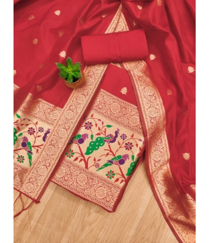 Women's Banarasi Silk Printed Unstitched Salwar Suit Material With Dupatta (Red, 3Mtrs)