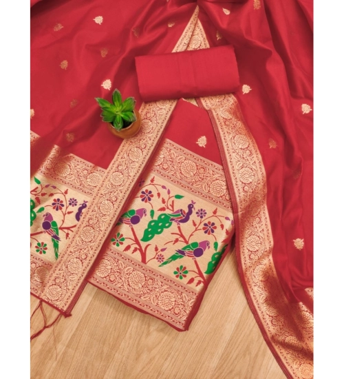 Women's Banarasi Silk Printed Unstitched Salwar Suit Material With Dupatta (Red, 3Mtrs)