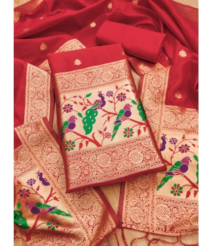 Women's Banarasi Silk Printed Unstitched Salwar Suit Material With Dupatta (Red, 3Mtrs)