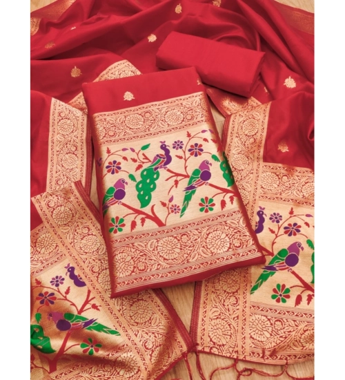 Women's Banarasi Silk Printed Unstitched Salwar Suit Material With Dupatta (Red, 3Mtrs)