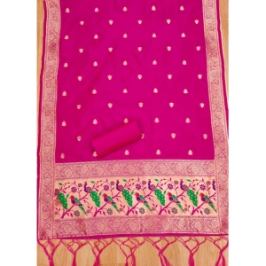 Generic Women's Banarasi Silk Printed Unstitched Salwar Suit Material With Dupatta (Pink, 3Mtrs)