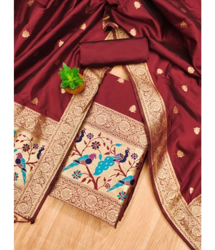 Women's Banarasi Silk Printed Unstitched Salwar Suit Material With Dupatta (Maroon, 3Mtrs)