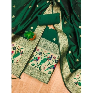 Generic Women's Banarasi Silk Printed Unstitched Salwar Suit Material With Dupatta (Bottle Green, 3Mtrs)