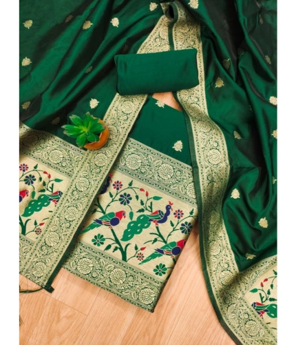 Women's Banarasi Silk Printed Unstitched Salwar Suit Material With Dupatta (Bottle Green, 3Mtrs)