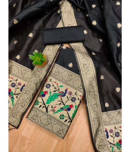 Women's Banarasi Silk Printed Unstitched Salwar Suit Material With Dupatta (Black, 3Mtrs)