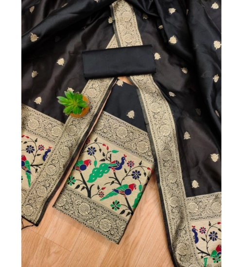 Women's Banarasi Silk Printed Unstitched Salwar Suit Material With Dupatta (Black, 3Mtrs) Women's Banarasi Silk Printed Unstitched Salwar Suit Material With Dupatta (Black, 3Mtrs)