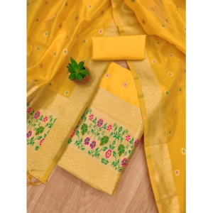 Generic Women's Banarasi Silk Printed Unstitched Salwar Suit Material With Dupatta (Yellow, 3Mtrs)