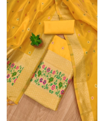 Women's Banarasi Silk Printed Unstitched Salwar Suit Material With Dupatta (Yellow, 3Mtrs)